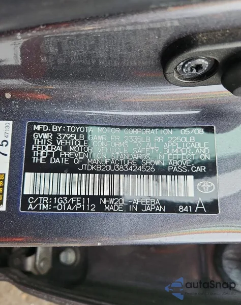 2008 Toyota Prius z USA, uszkodzony, nr VIN JTDKB20U383424526